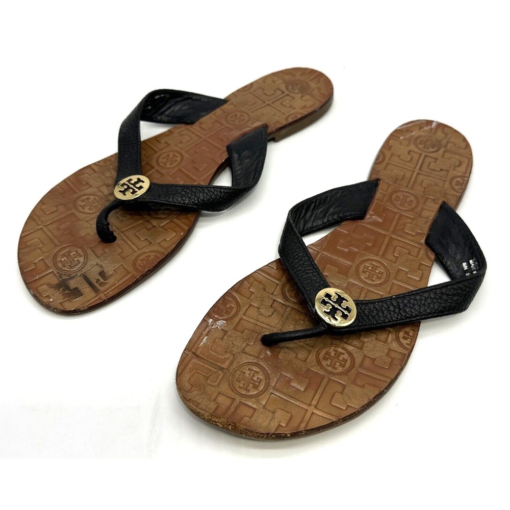 Womens Tory Burch Thora Flat Flip Flop Thong Sandals Black Brown Leather Size 10